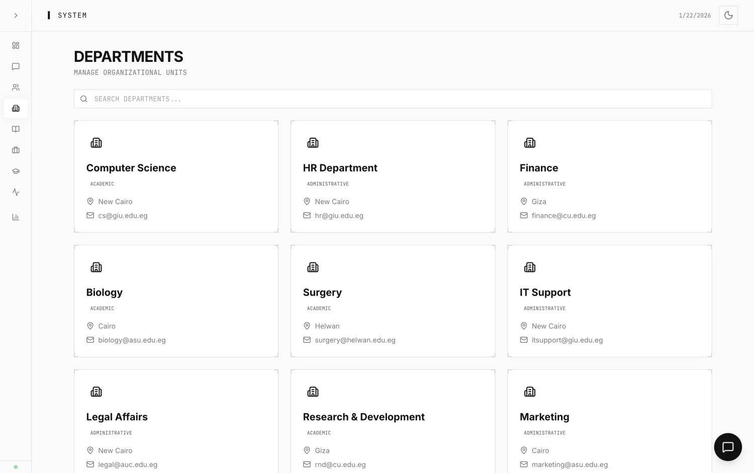 Departments management screen