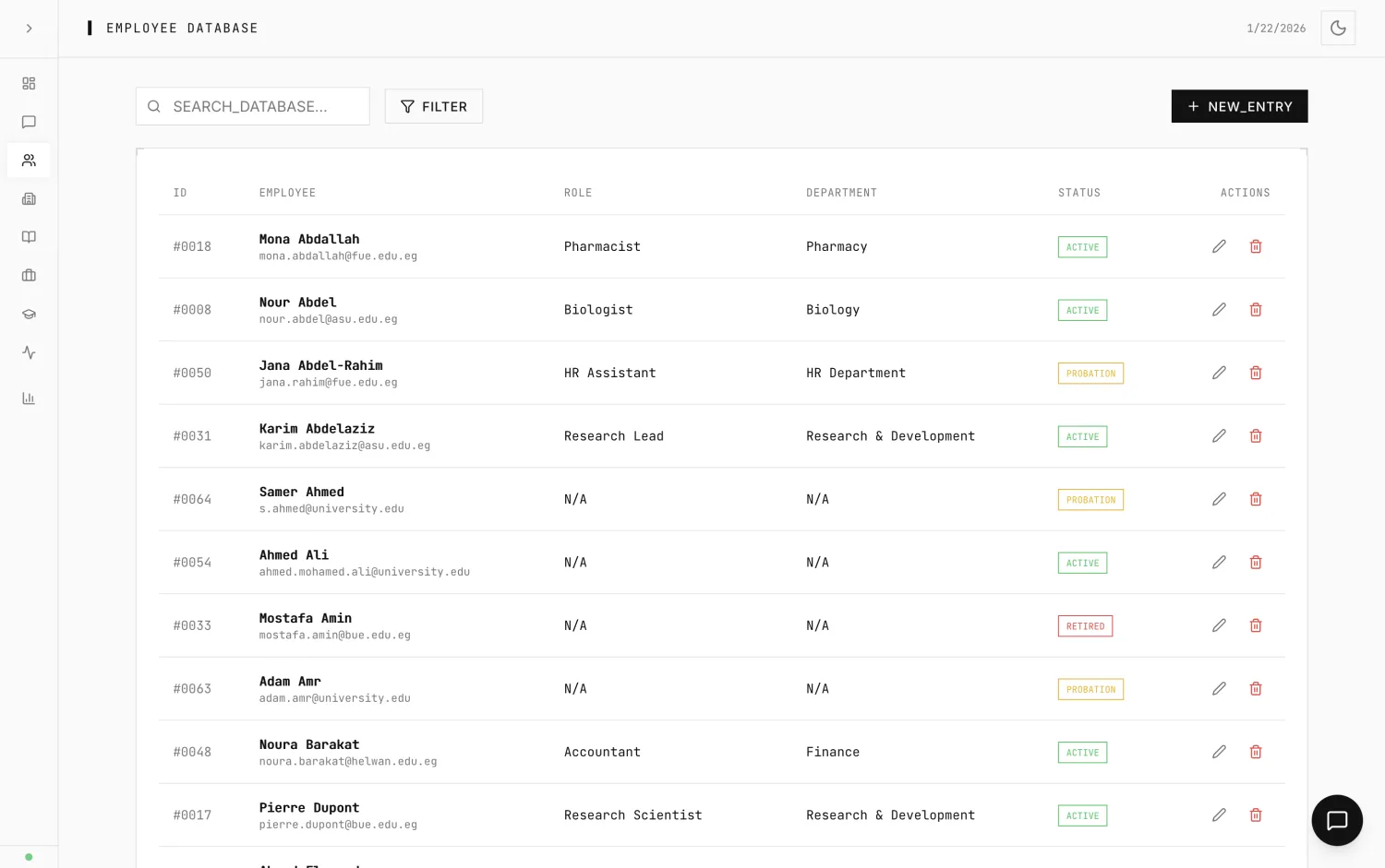 Employees management screen