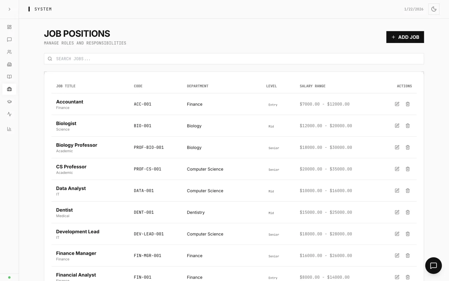 Job positions management screen