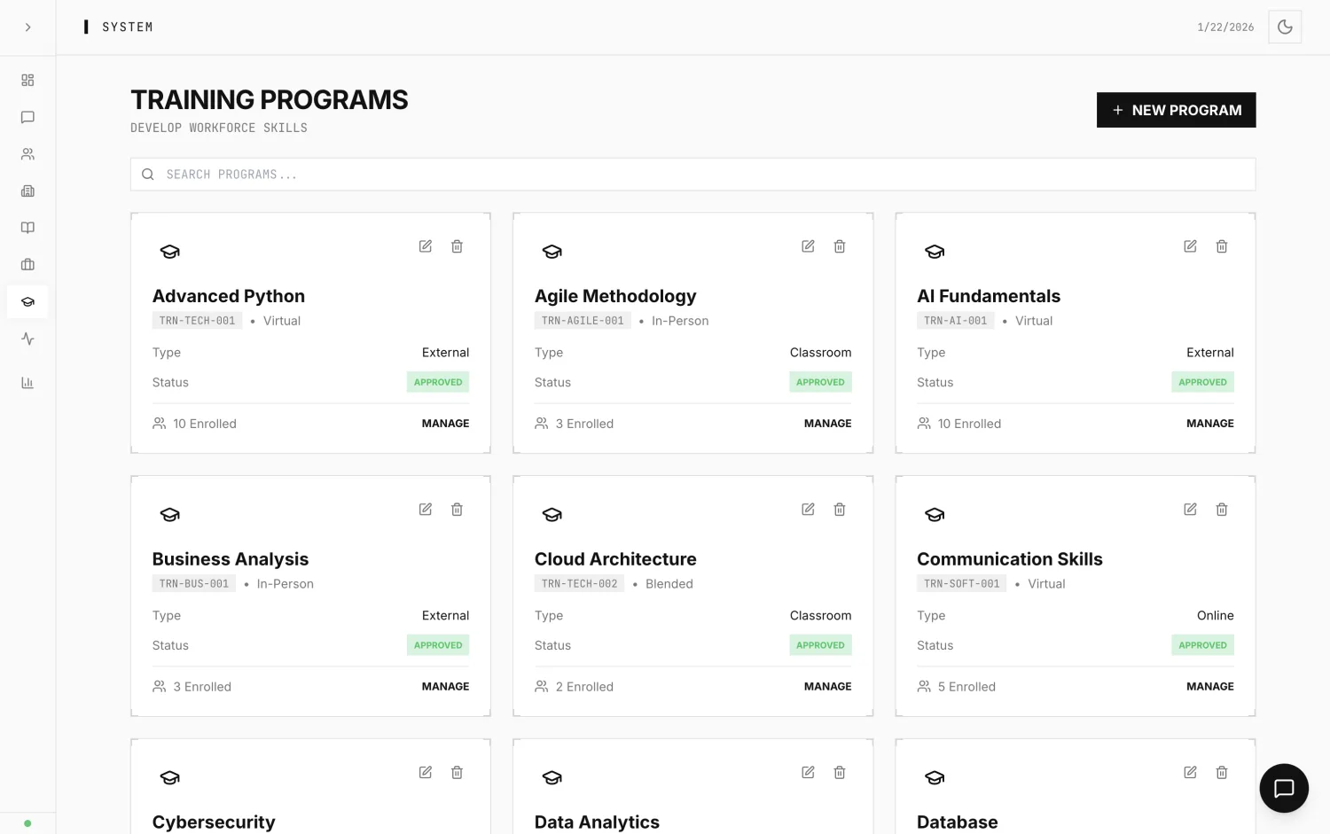 Training programs management screen