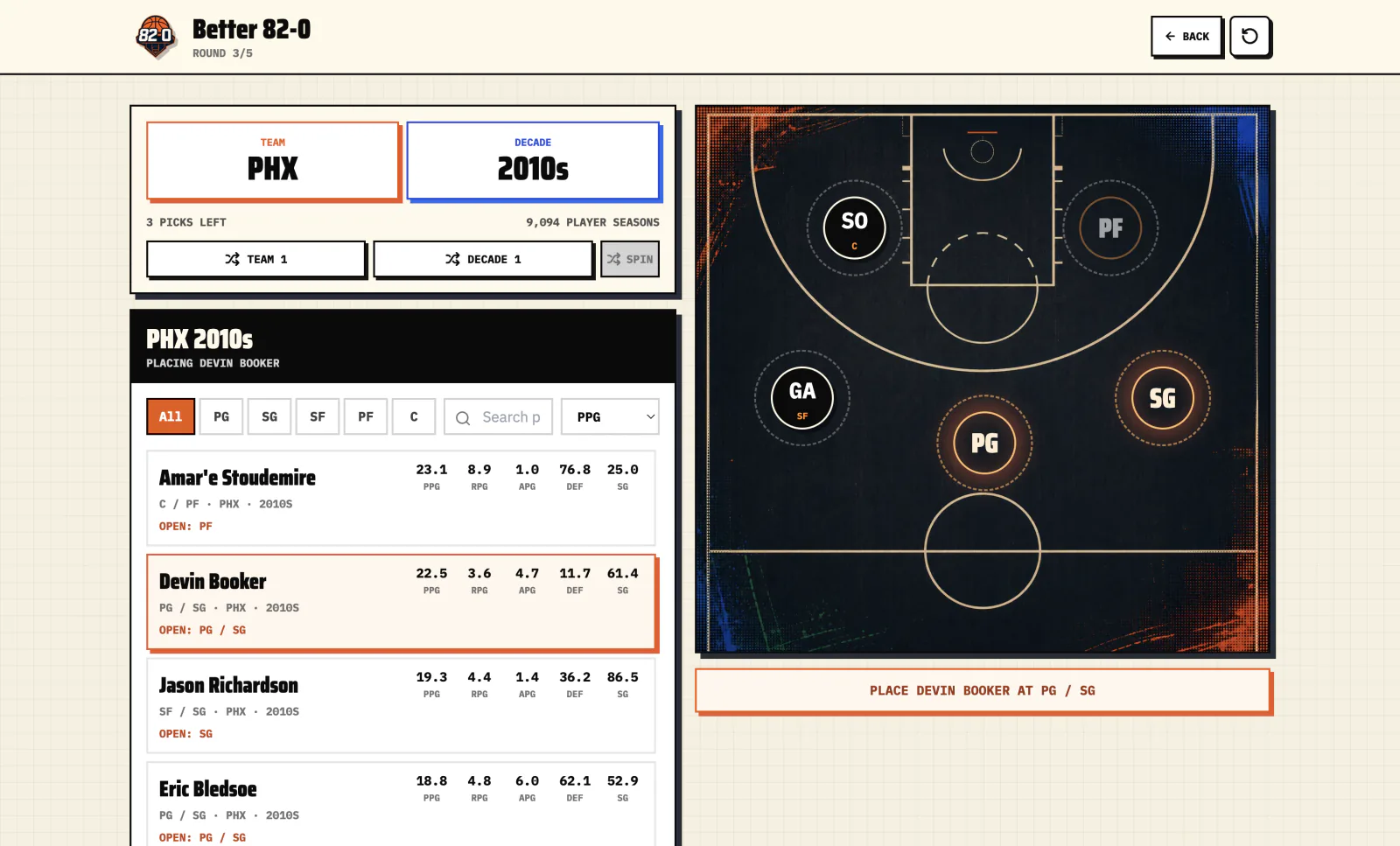 Better 82-0 draft interface with player options and a five-position basketball court.