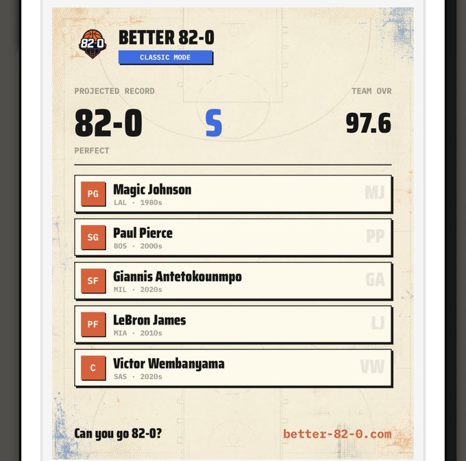 Better 82-0 result card showing a perfect 82–0 lineup.