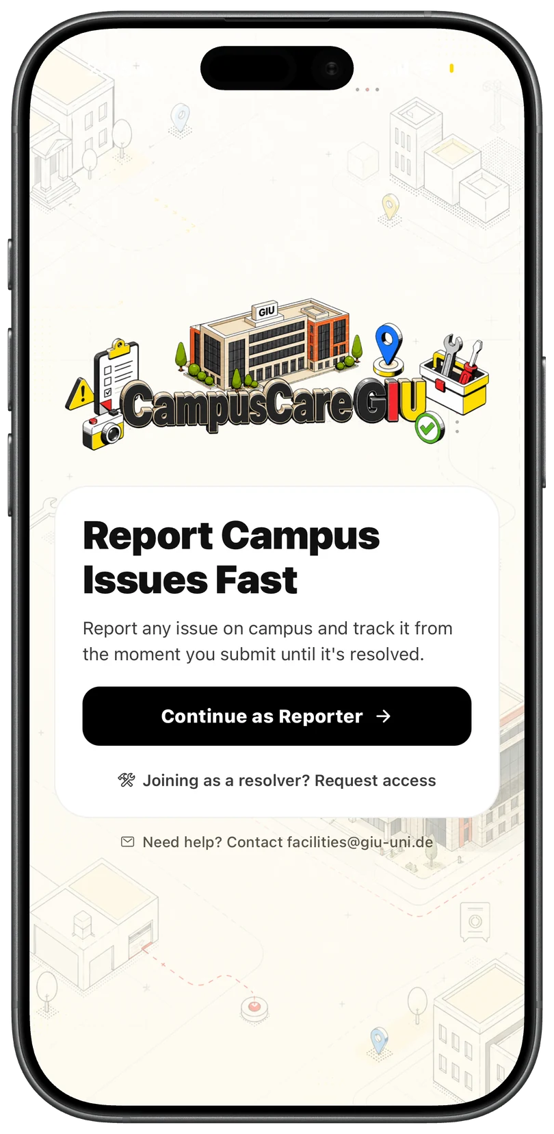 CampusCare role entry screen