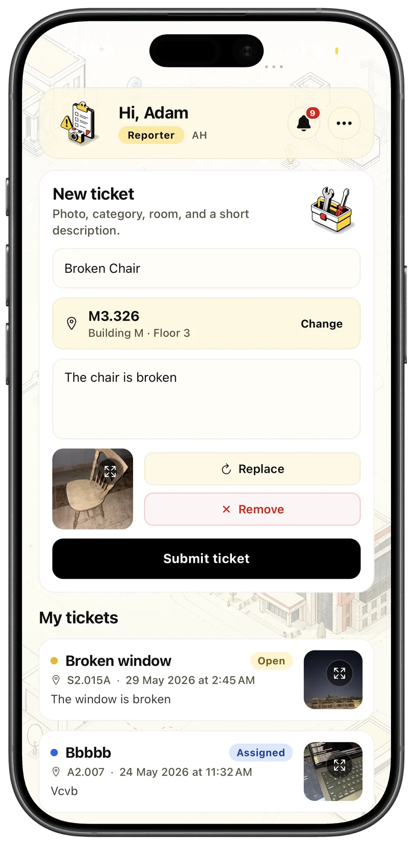 Filled reporter ticket form