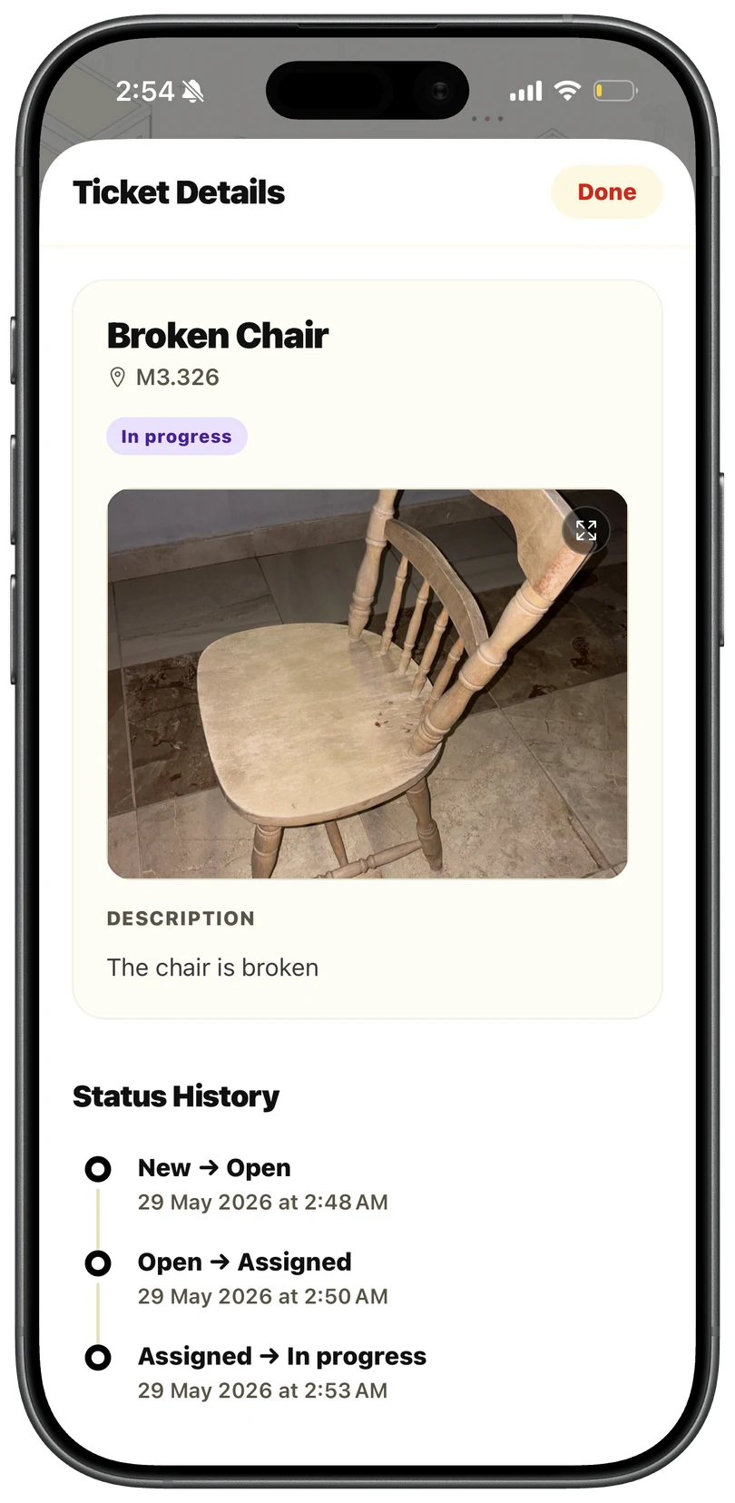 Ticket details with status history