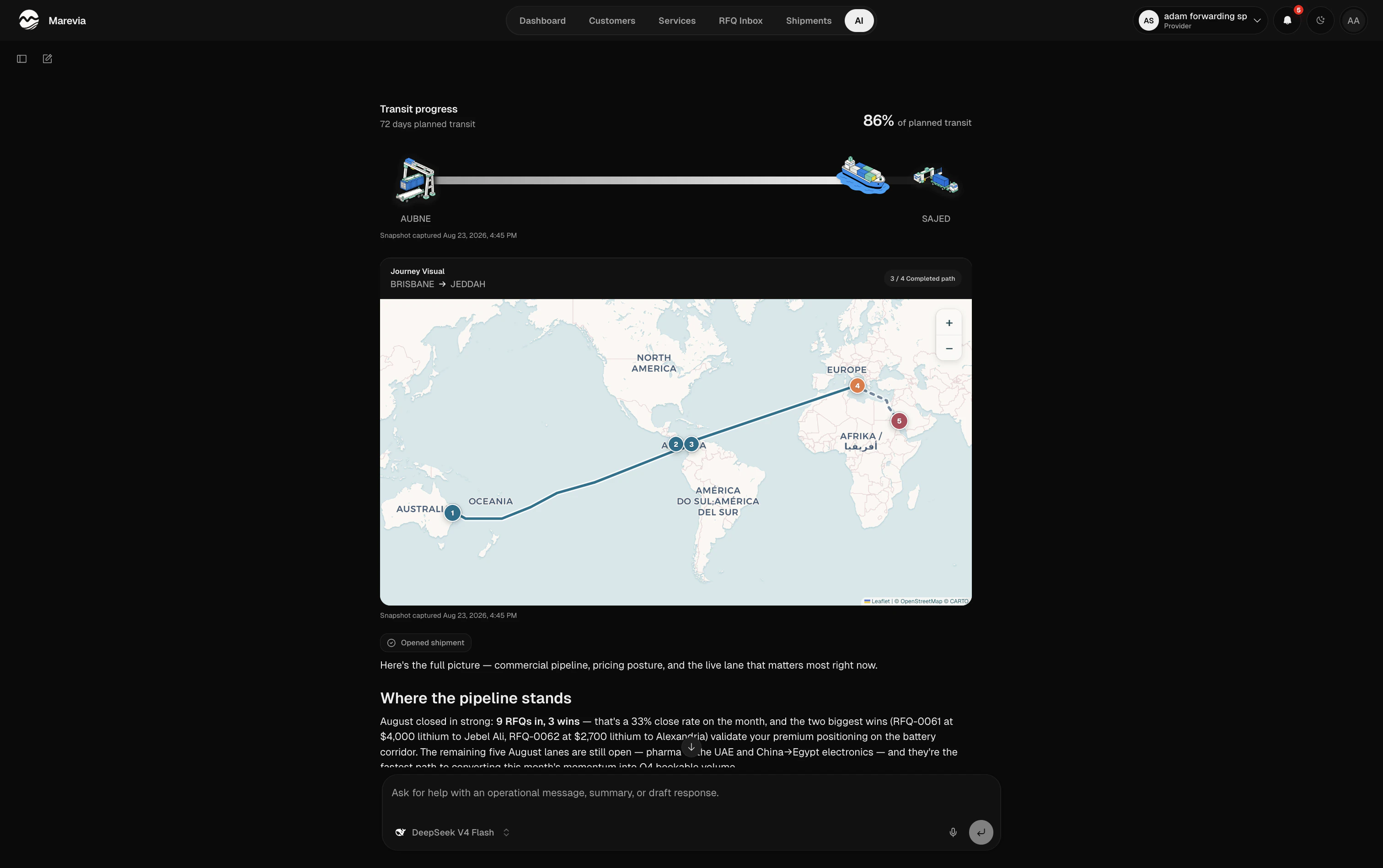 Marevia AI shipment map in dark mode