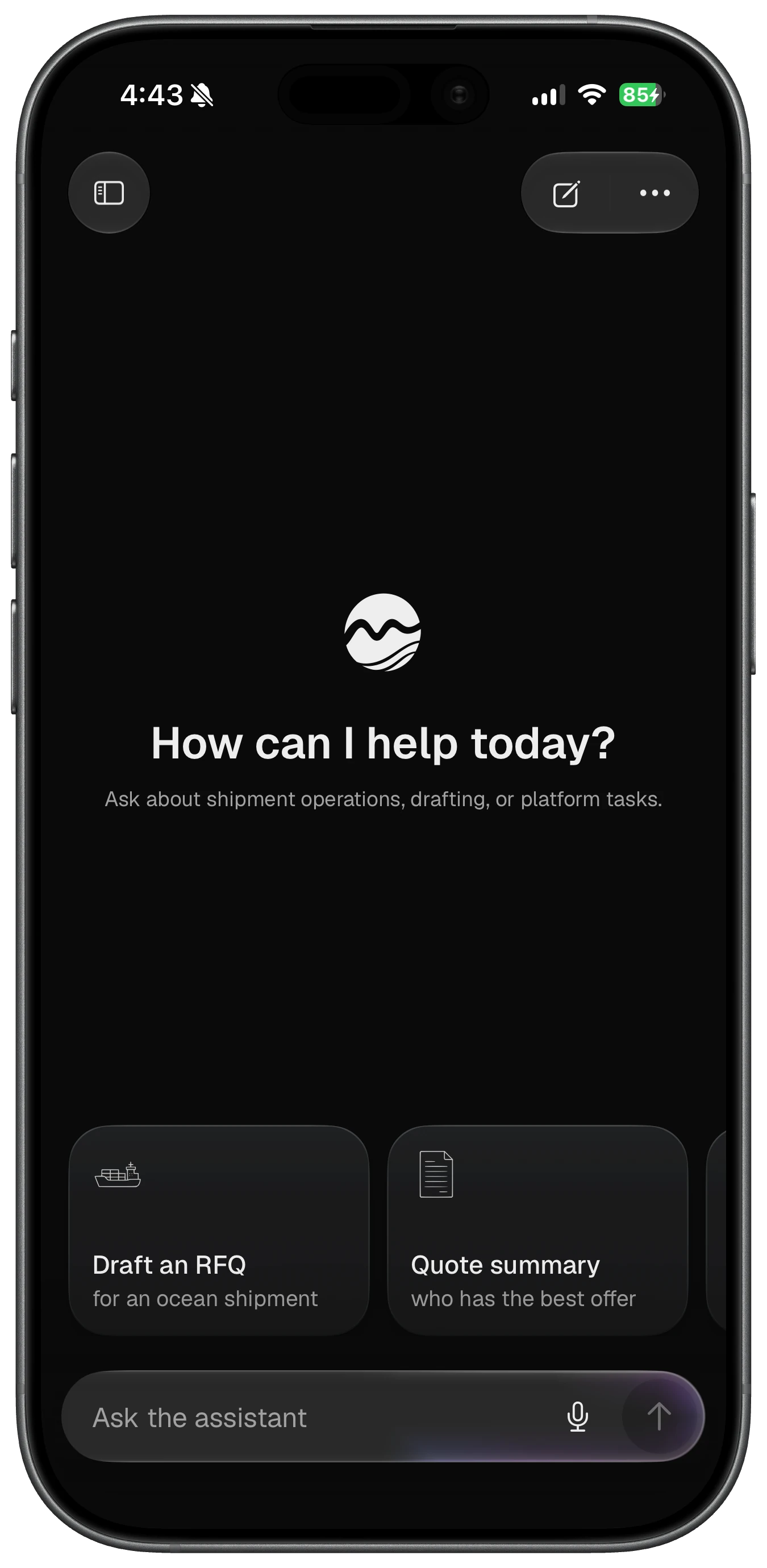 Marevia mobile AI idle screen in dark mode inside an iPhone frame
