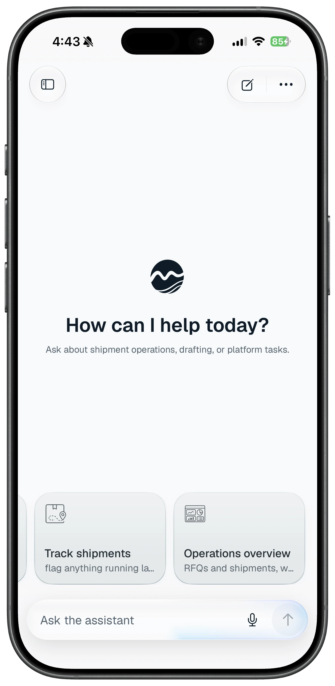 Marevia mobile AI idle screen in light mode inside an iPhone frame