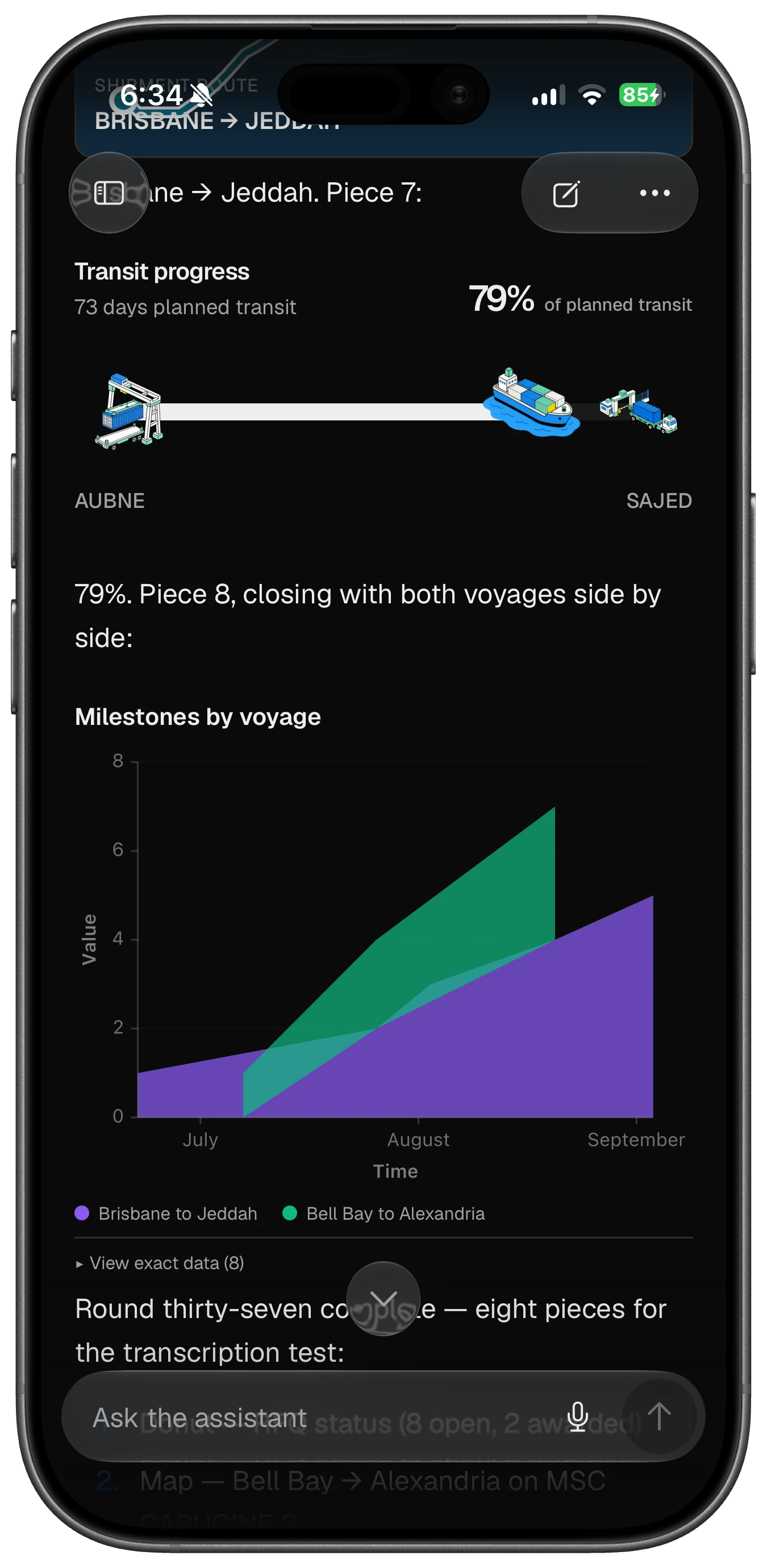 Marevia mobile AI shipment thread in dark mode inside an iPhone frame
