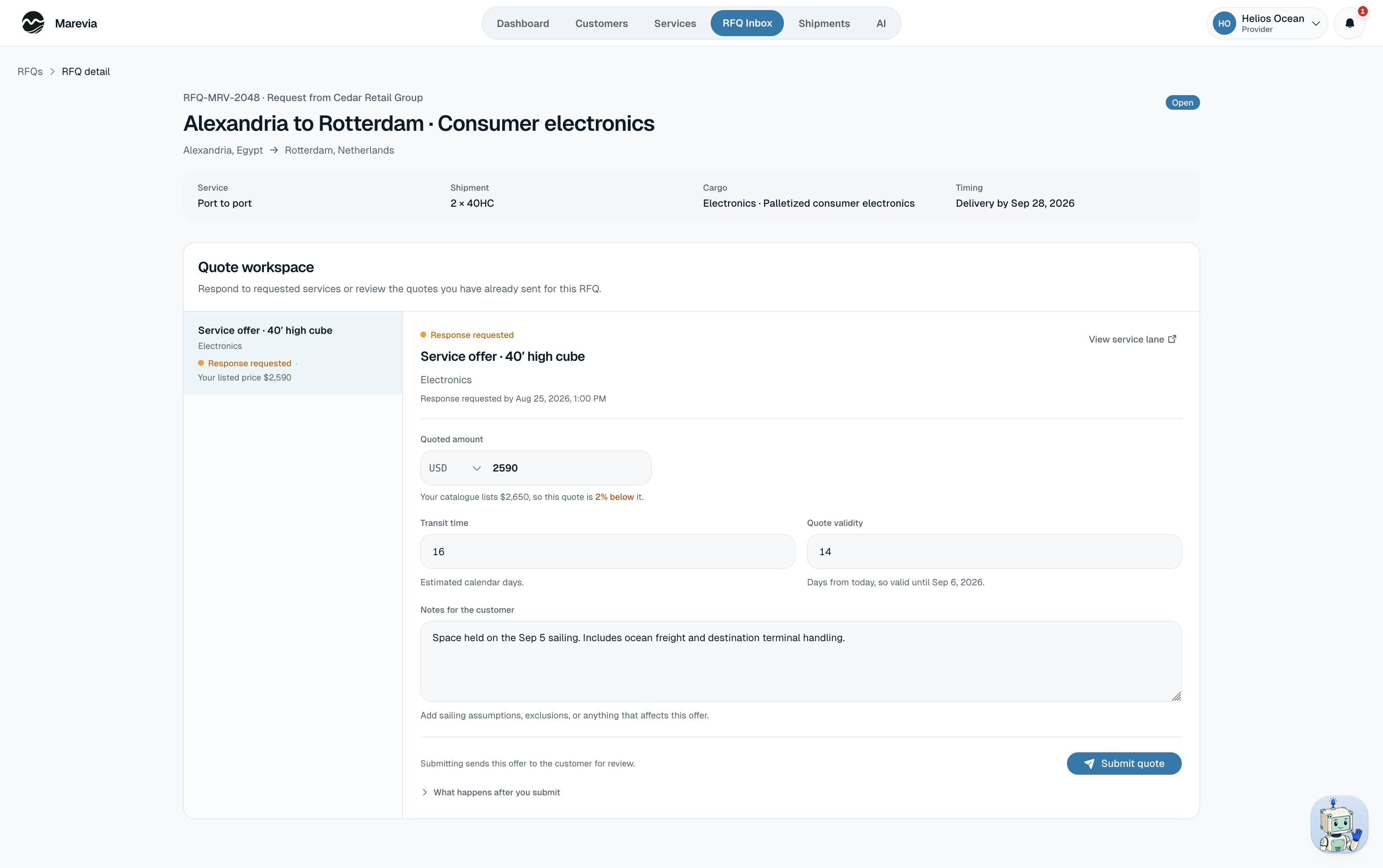 Provider quote workspace with price and commercial details