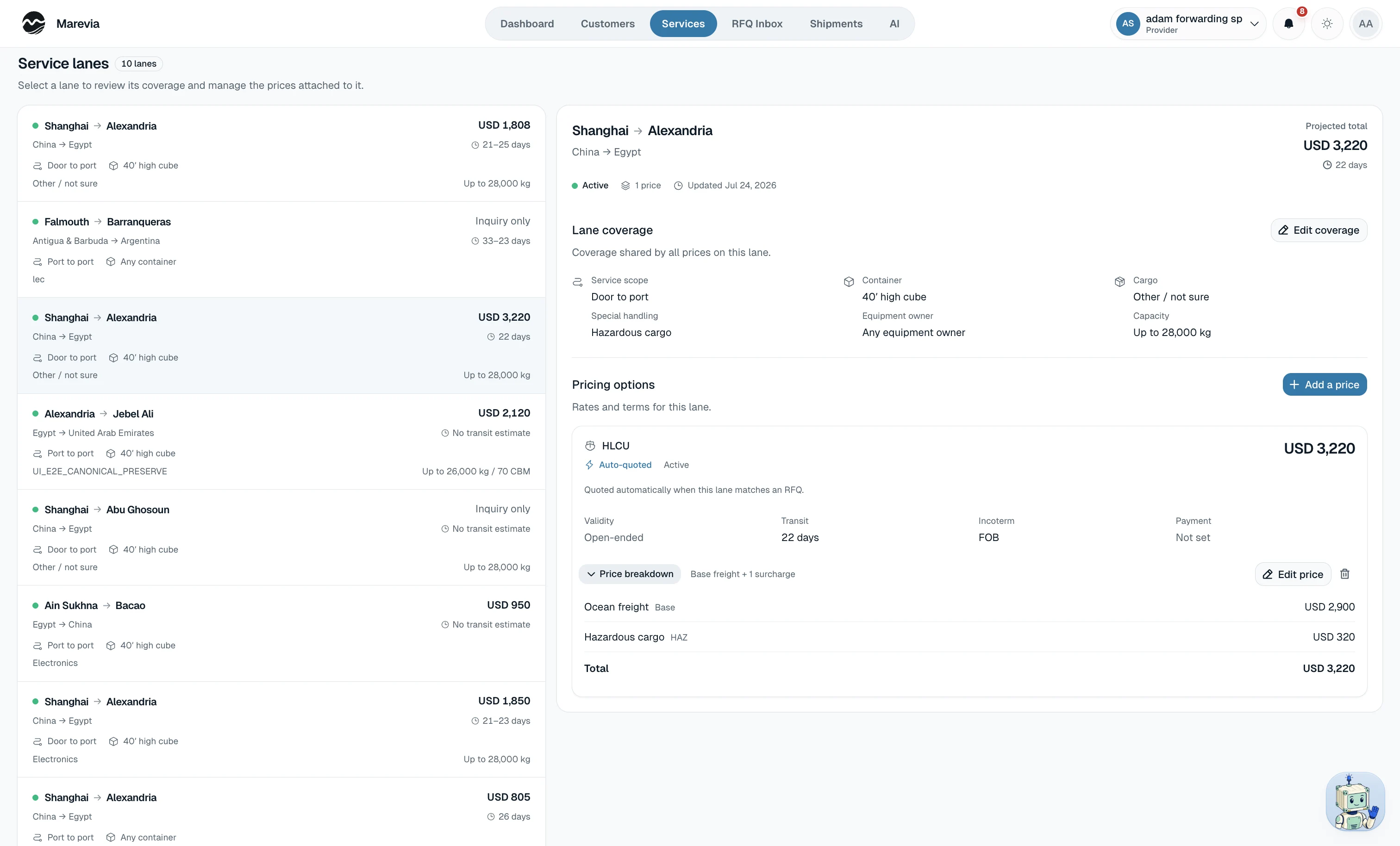Provider service lane catalogue and pricing options