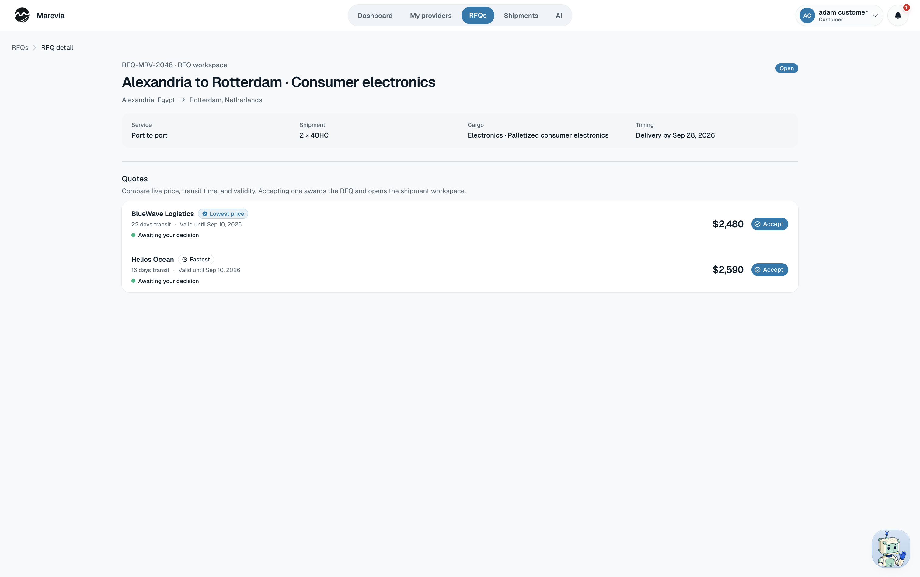 Two freight quotes compared by price, transit time, and validity