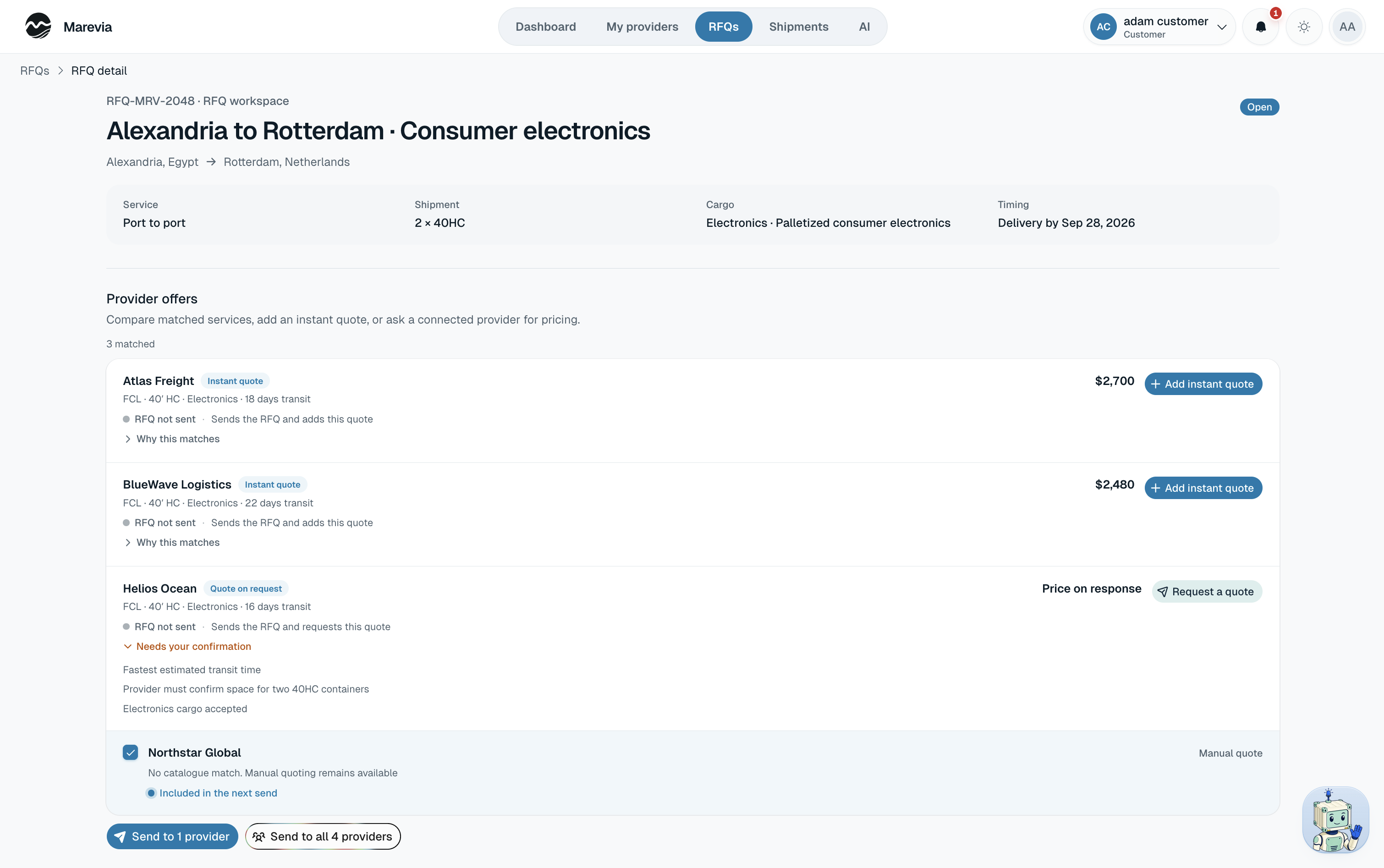 RFQ provider choices with instant quote, quote request, and manual provider paths