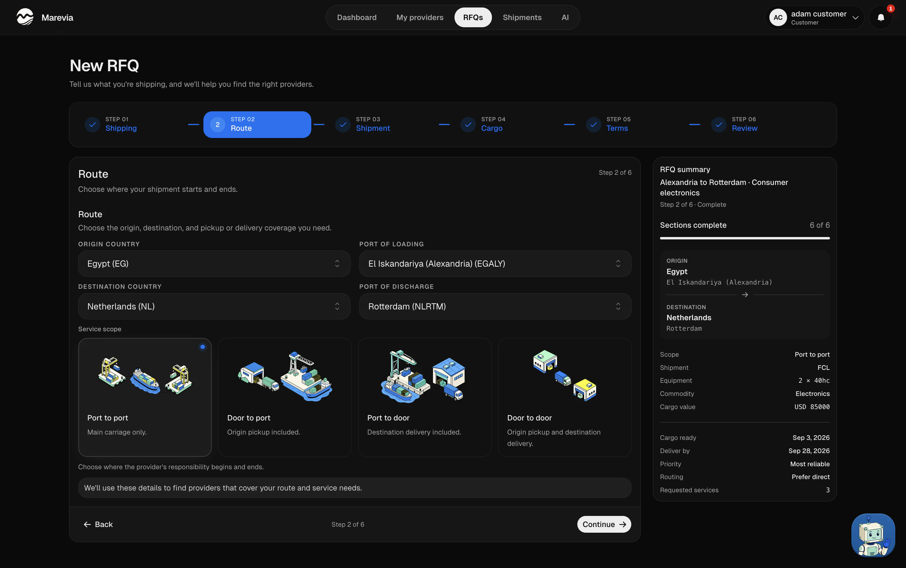 Marevia RFQ route builder in dark mode