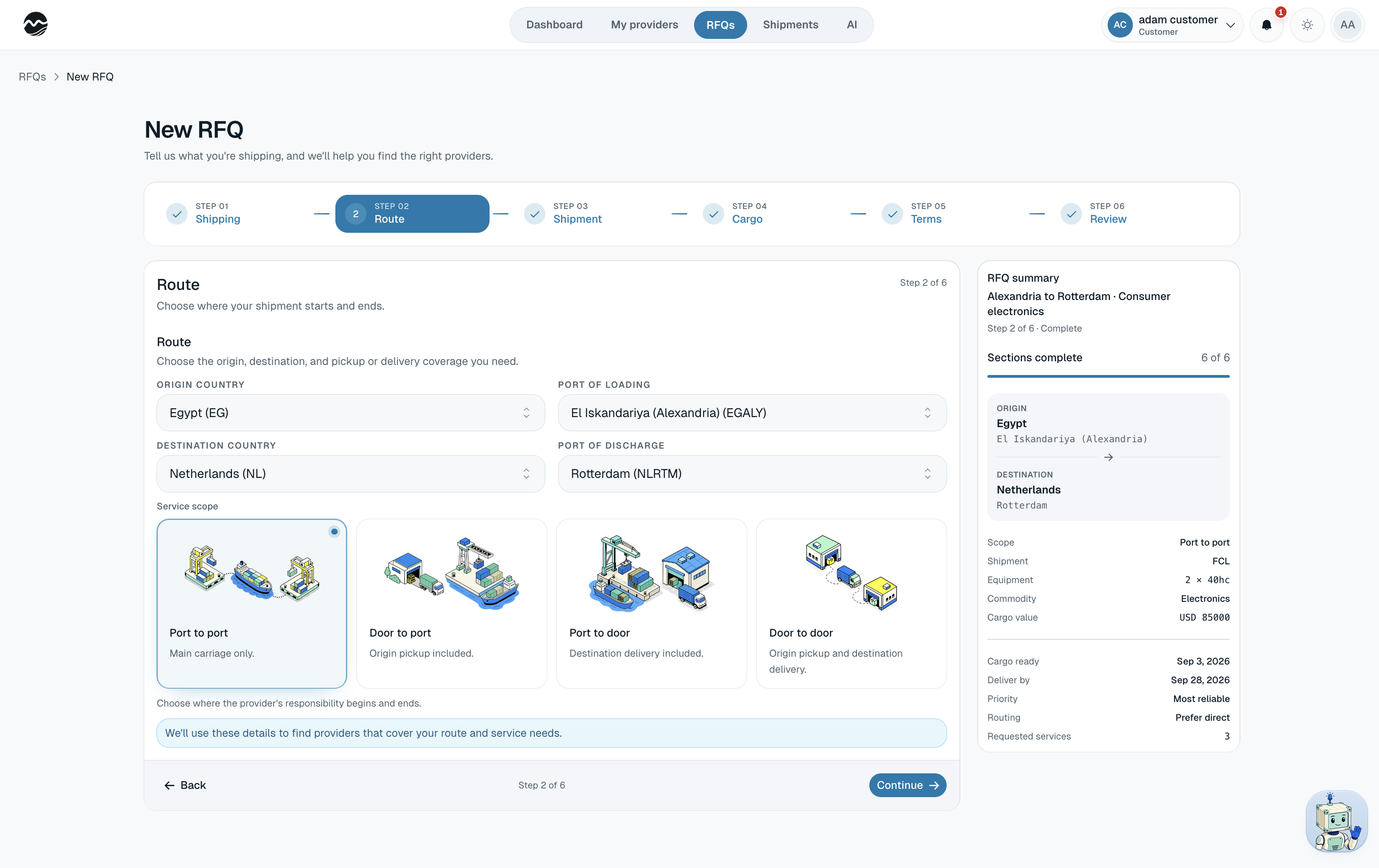RFQ route and service scope builder