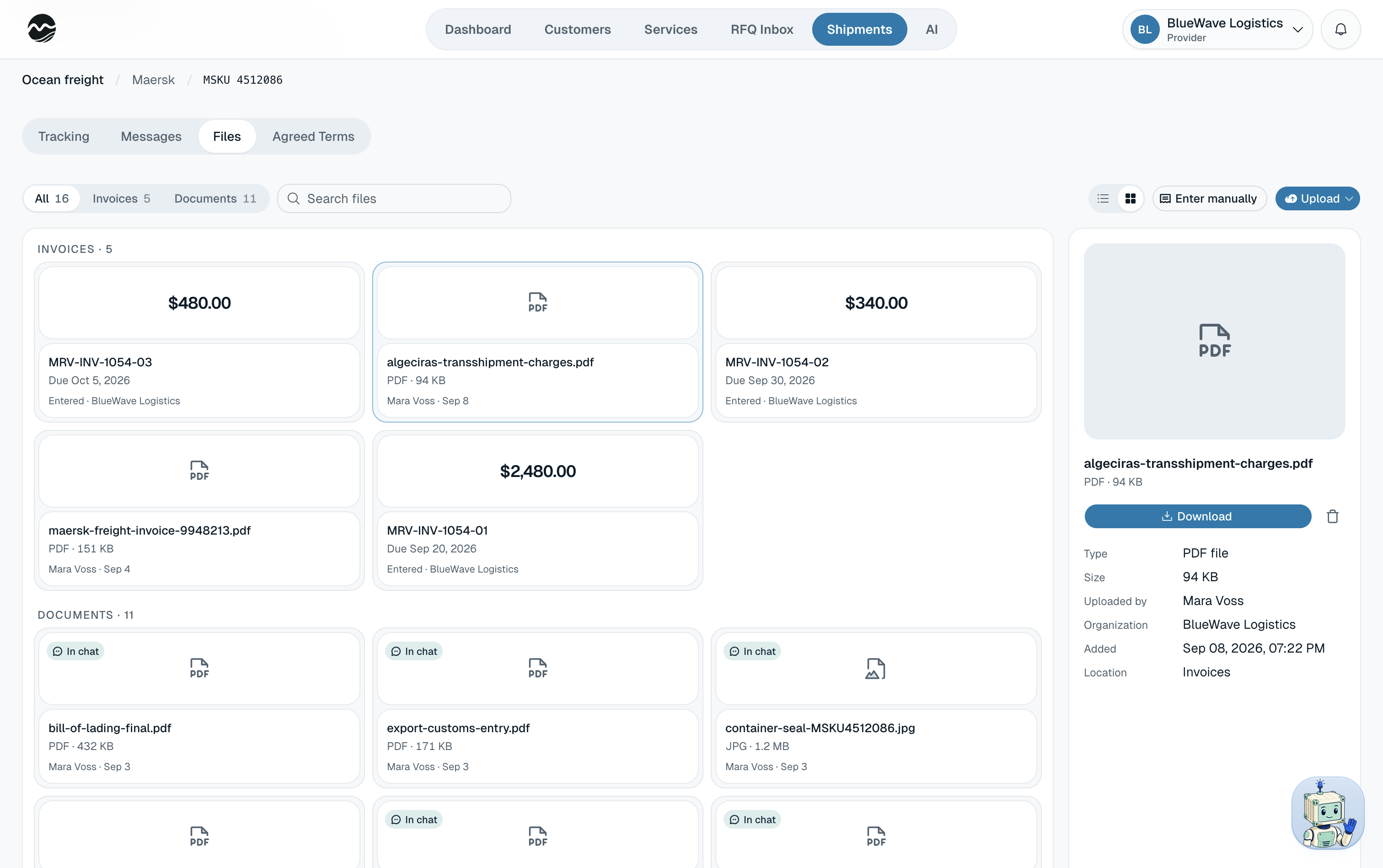 Marevia shipment files workspace with issued and uploaded invoices, shipment documents, and the file inspector open on a carrier invoice