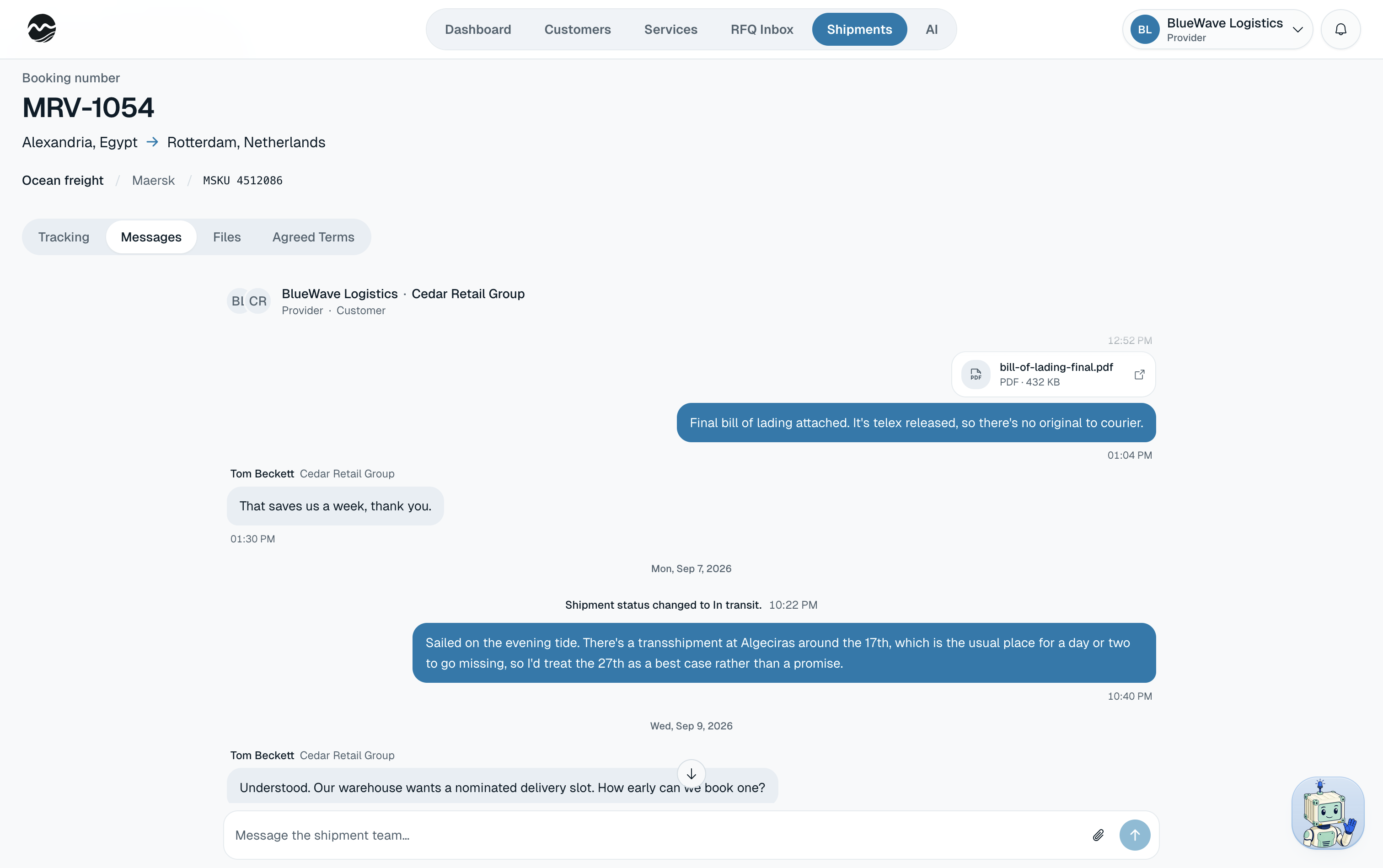 Shipment message thread between the provider and the customer, with a shared bill of lading and a carrier status update