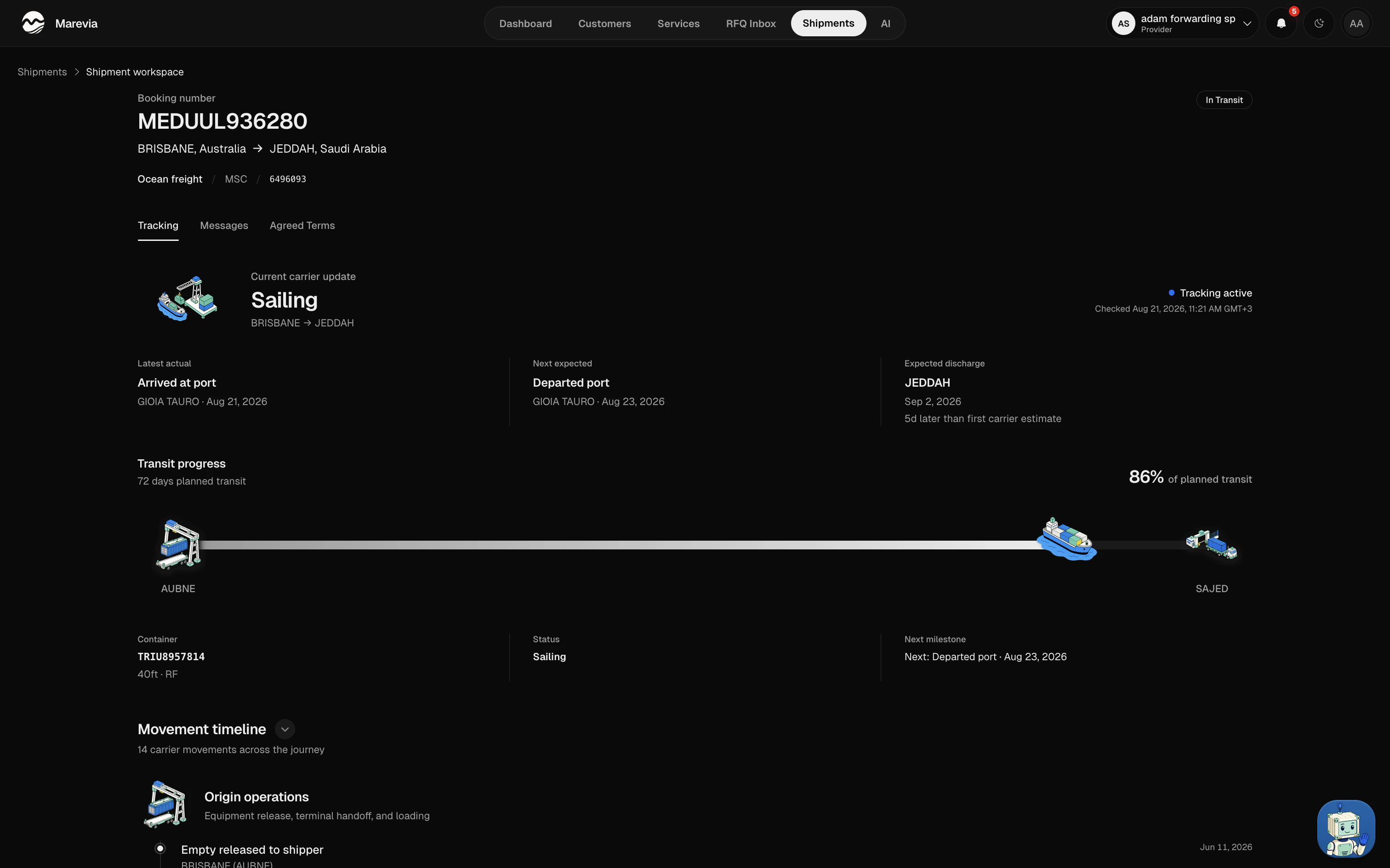 Marevia shipment tracking workspace in dark mode
