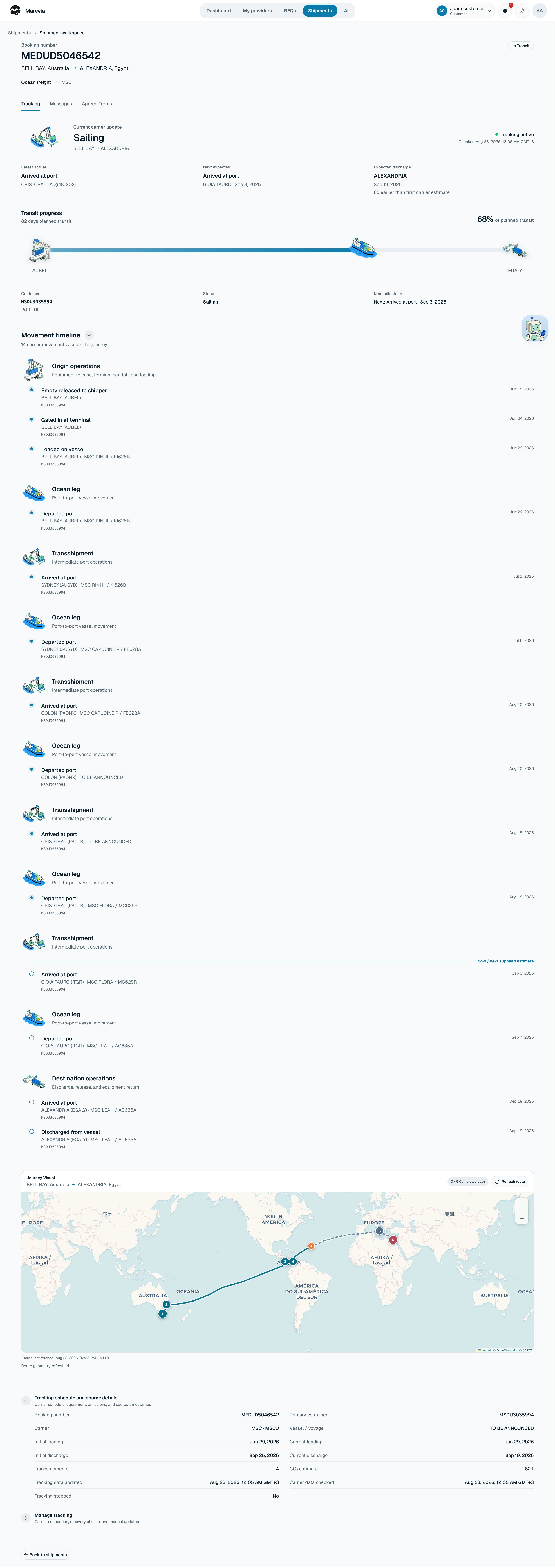 Complete Marevia shipment tracking workspace with progress, movement timeline, map, and source details